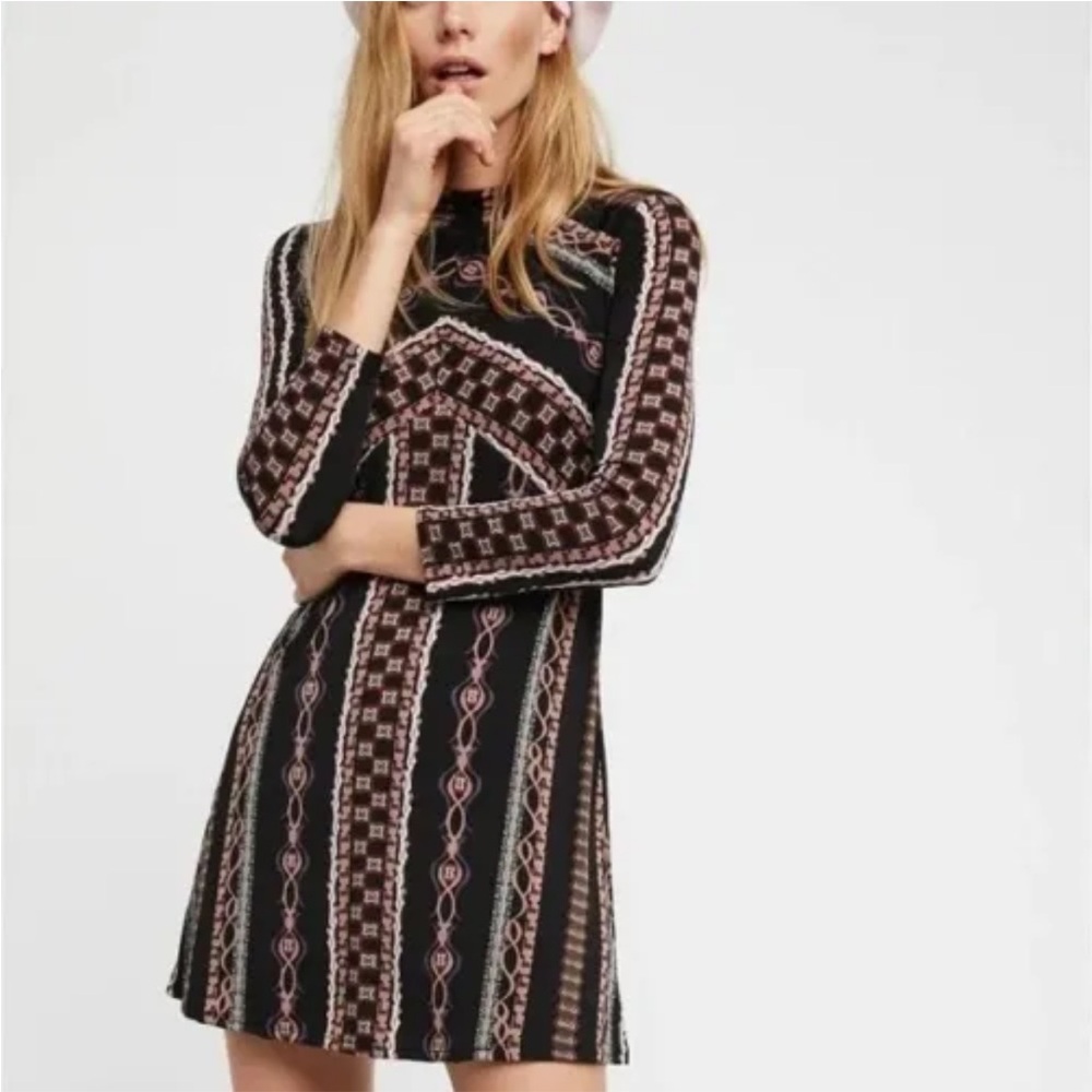Free People Stella Black Geometric Print Fit & Flair Long Sleeve Mini Dr…